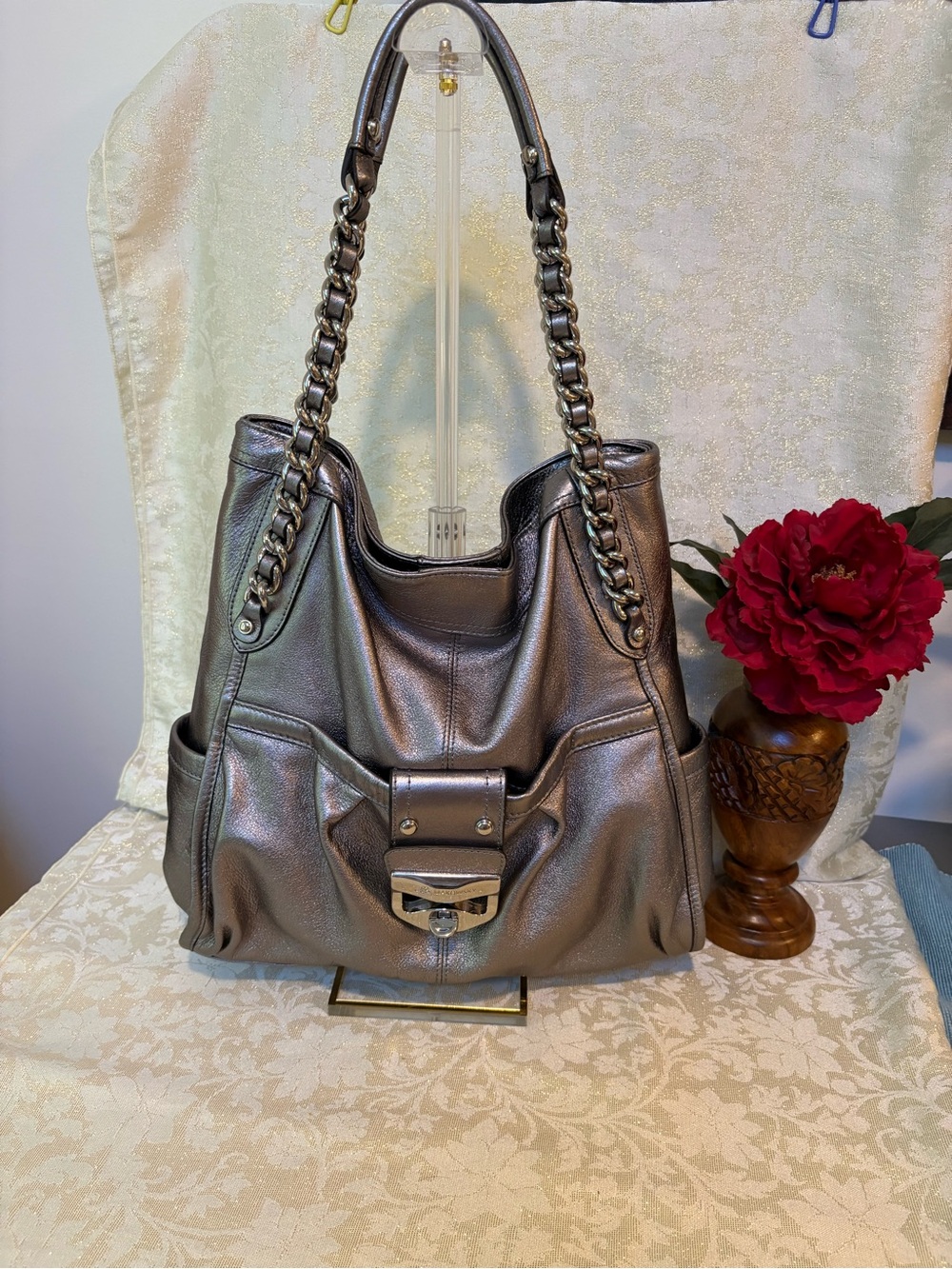 b. makowsky Metallic Pewter Leather Chain-Handle Shoulder Bag - Picture 2 of 15
